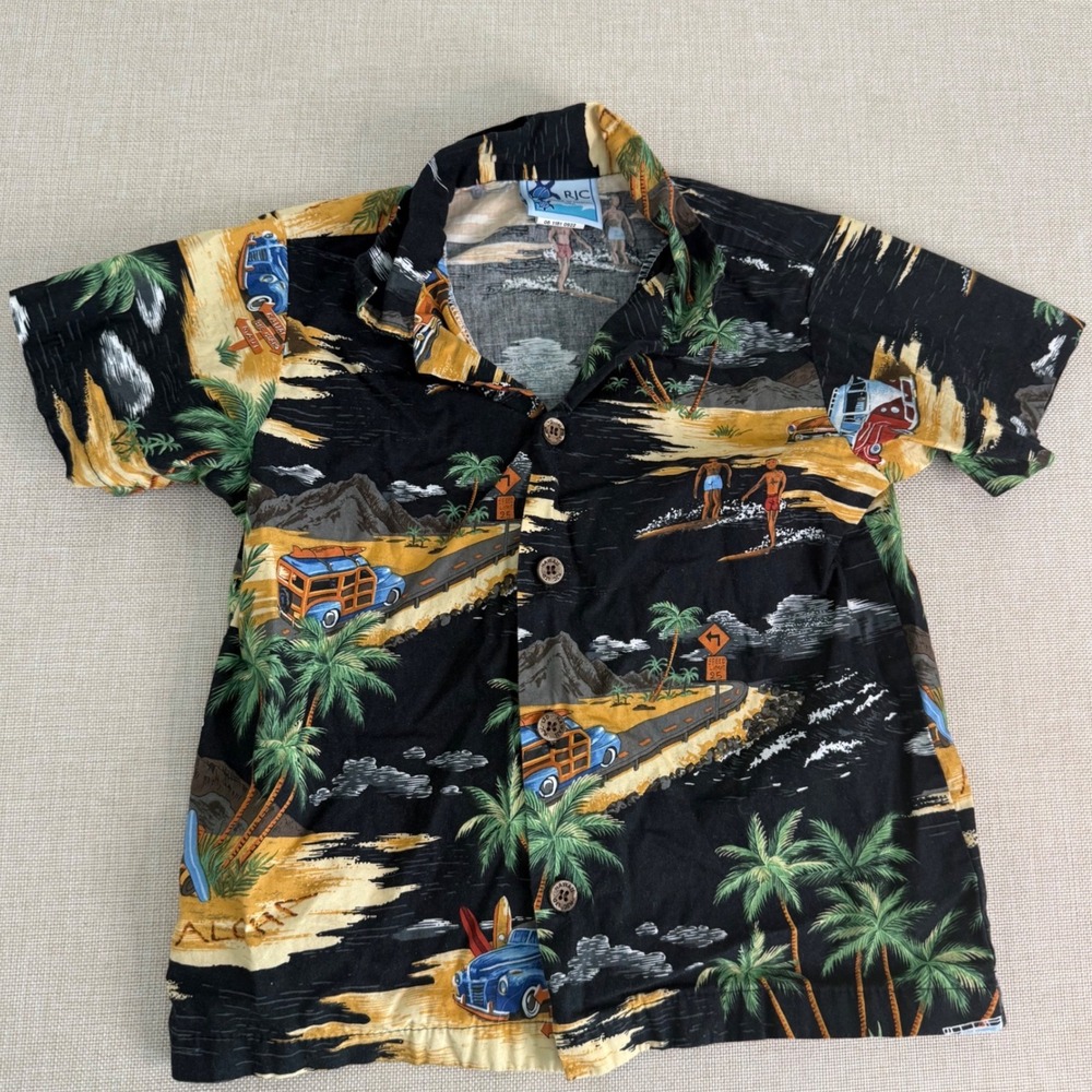 RJC Hawaii Kids Boys Aloha Shirt Size 5 Black Tropical Surfer Woody Car‎ 1261